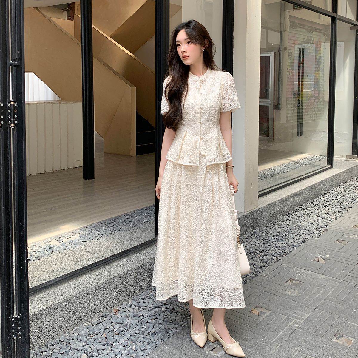 2026新款夏季新中式蕾丝棉质镂空短袖衬衫长裙套装女