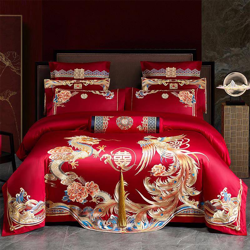 中式高档结婚庆四件套红色被龙刺绣凤长587绒棉纯棉陪嫁喜婚庆大