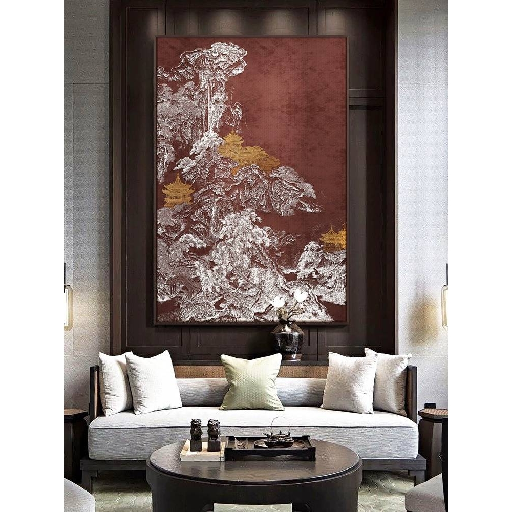 中式客厅沙发风景装饰画《山河望岳图》餐厅浮雕肌理大幅竖版挂画图片
