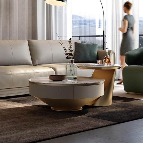 岩5645茶几意式轻设奢客厅家用现代简板约带抽小屉创意计师圆形大