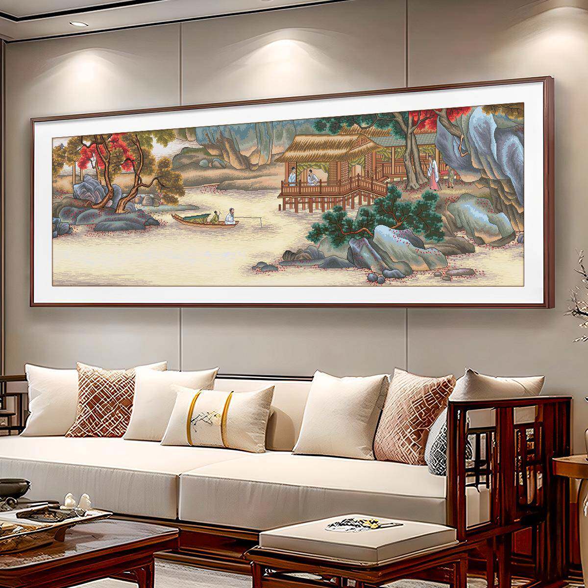 山渔图十绣2025字新款感客ZYI厅风隐景山水国画名画收藏手溪工绣