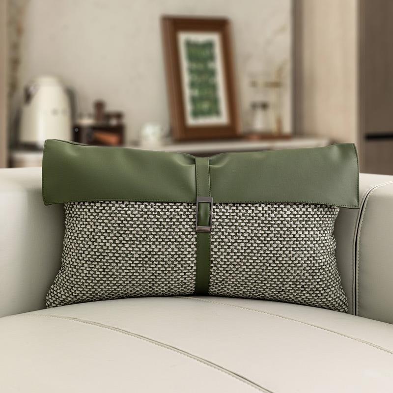 设6230计师软装靠奢样枕板间抱枕绿色棉轻雪尼尔小肌理拼皮革腰麻