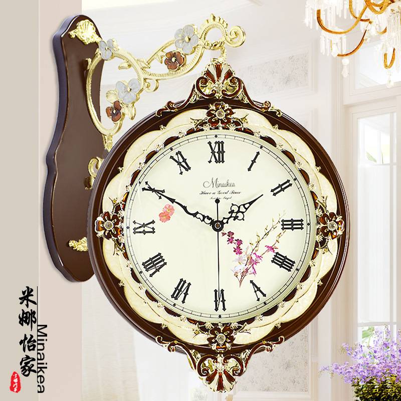 新款大号创意欧式复古实木静音双面钟田园客厅卧室挂钟电子石英钟
