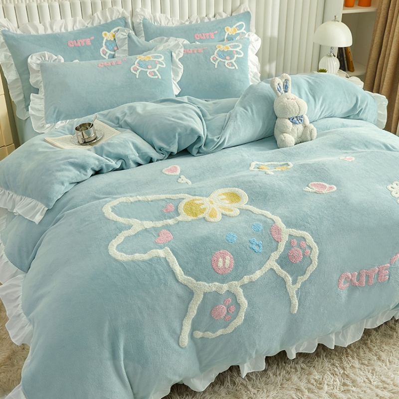 公主风牛奶绒卡通毛巾绣s四件套水晶绒被套加绒床上三件套珊瑚绒