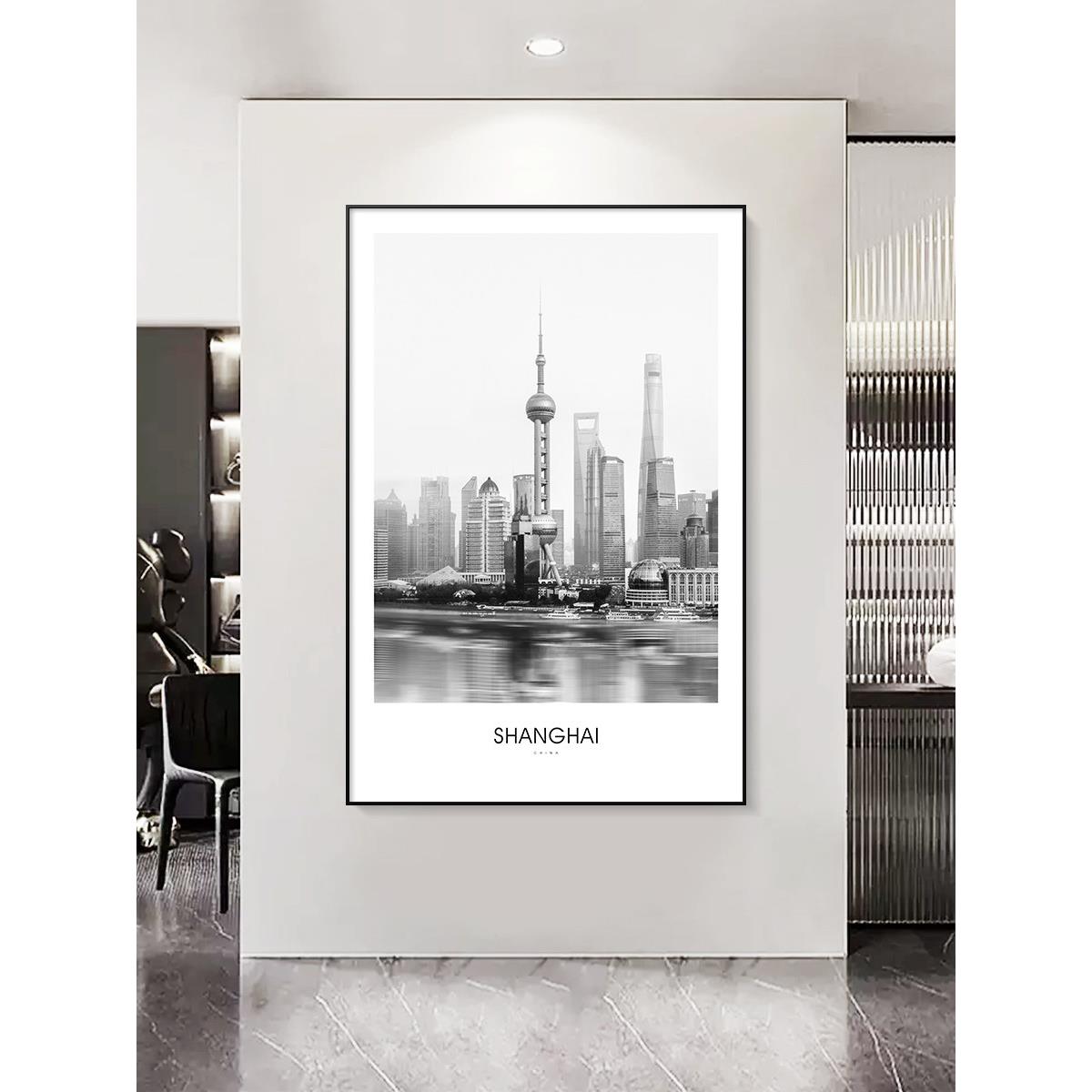 装饰画城市建筑上海黑白艺术风景摄影创意现代简约客厅定制壁挂画