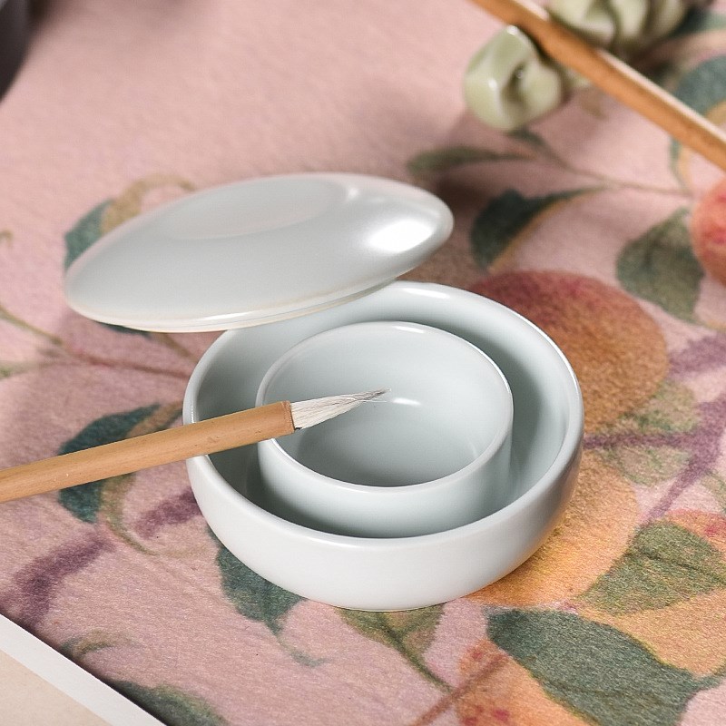 青瓷火锅砚台带盖双圈4寸防干墨盒书法多功能墨池密封性好