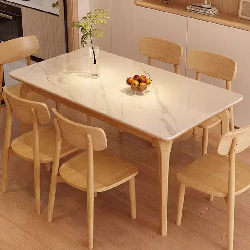 原木色岩板餐桌家用小户型饭桌子客厅长方形现代简约餐桌椅组合