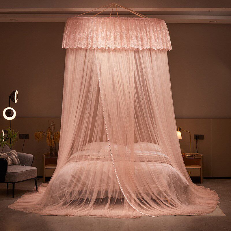 跨境新款圆顶吊顶免安装蚊帐加大加密直径1.5米公主风落地式床幔