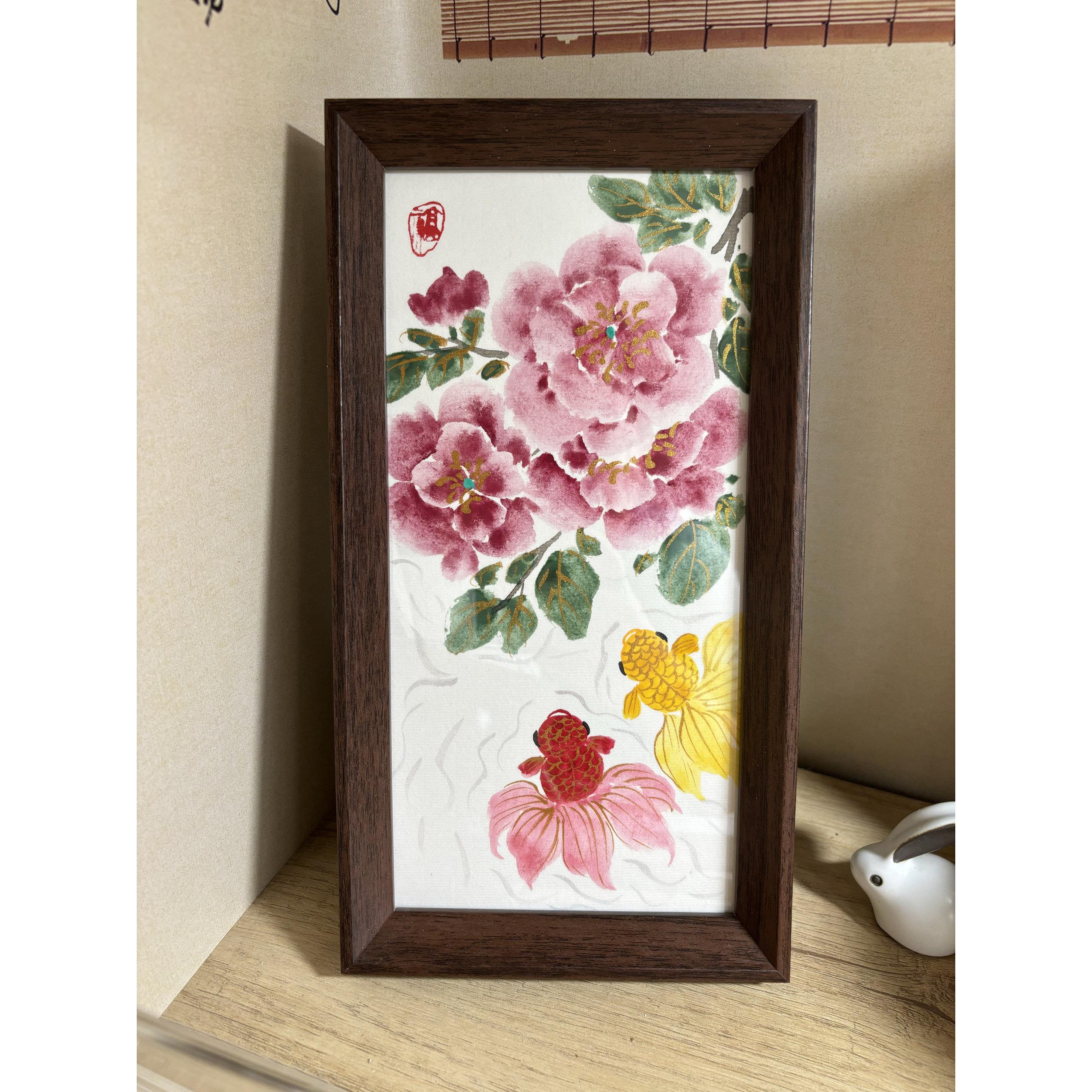 手绘国画富贵有余,摆台,装饰画,含框14.7×27.4,国色天香