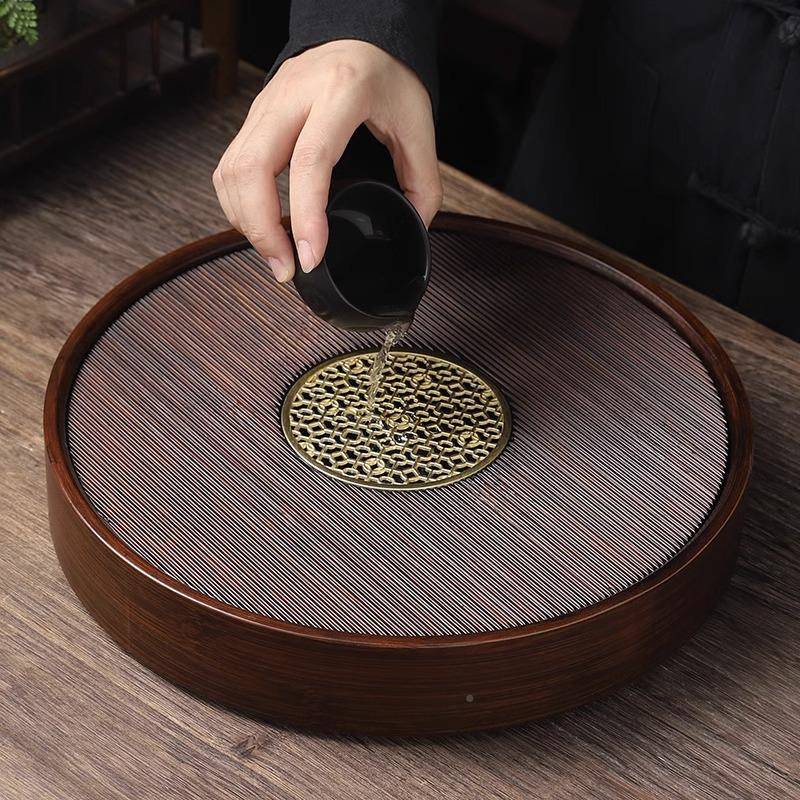 家用胡桃色储水式茶盘圆茶托盘盘简竖美形家居百搭茶约台干泡蓄水