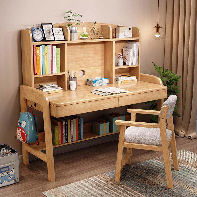 实木书桌书架一儿CND体女童学习桌椅可升家用卧室小学生写字桌降