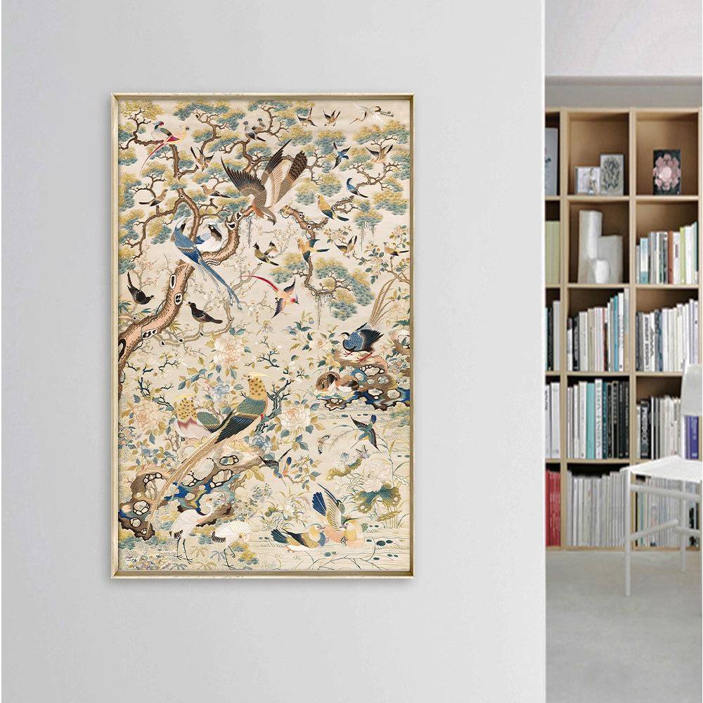 新中式东AZT方花鸟走刺绣风饰画厅廊客法式装竖版挂画玄关书房壁