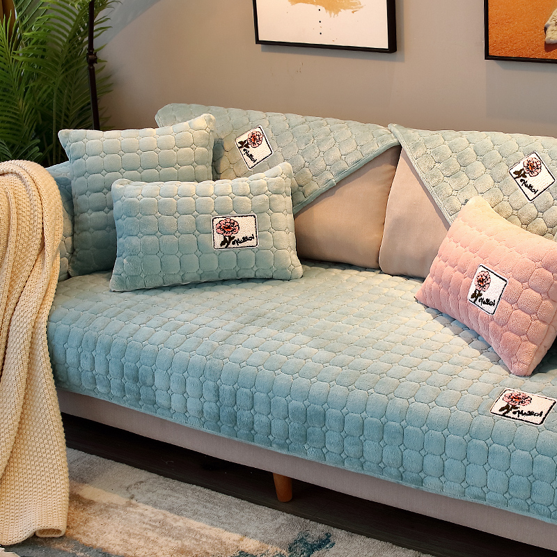 北欧简约短毛绒沙发垫冬季加厚法兰绒坐垫防S滑靠背全包套罩