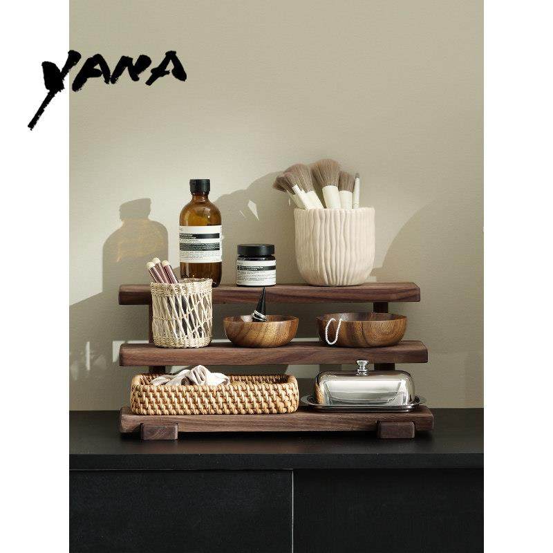YANA亚纳高颜值桌面化妆品小型收纳层架胡桃木多层护肤品杂物置物