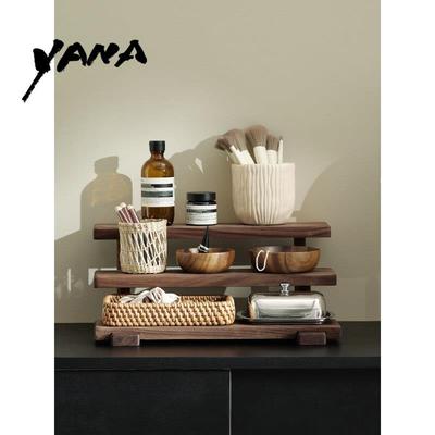 YANA亚纳高颜值桌面化妆品小型收纳层架胡桃木多层护肤品杂物置物