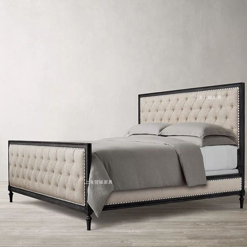 美式实木双人床1.8米法式乡村复古做旧橡木床婚床亚麻卧室家具RH