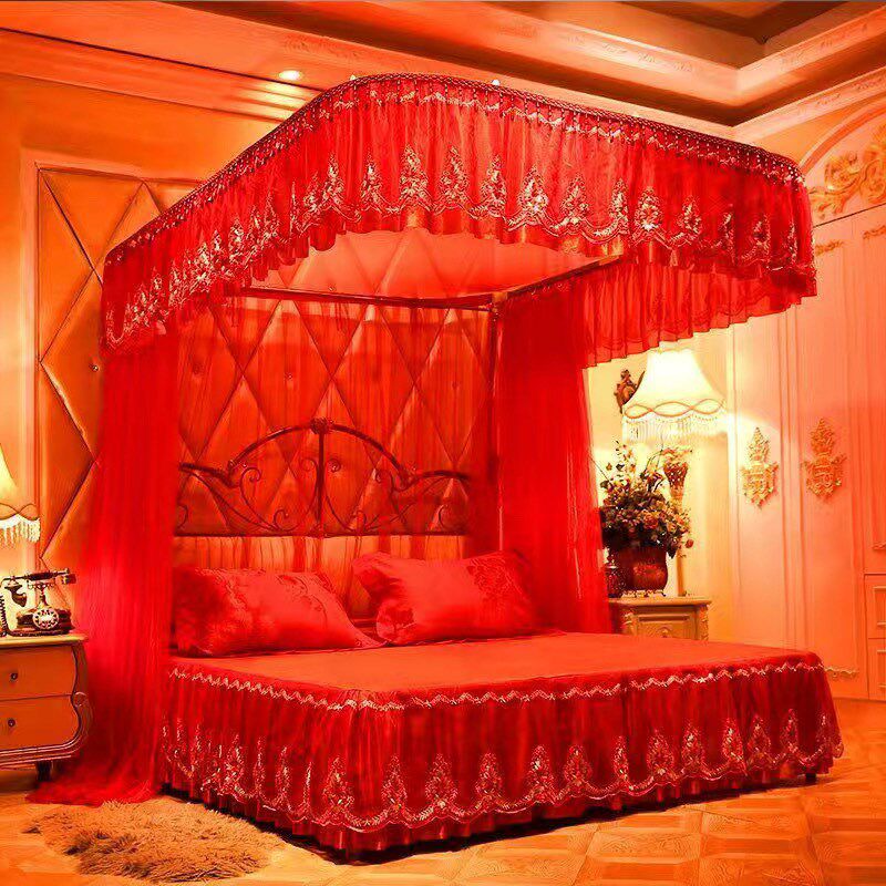 U型轨道蚊帐家用双人厚导轨婚庆1.5m1.8米床三开门加密伸缩