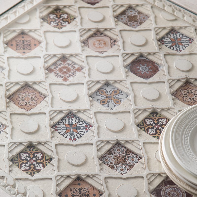 新款美式简约做旧白六人长桌现货做旧雕花手绘玻璃长方形餐桌