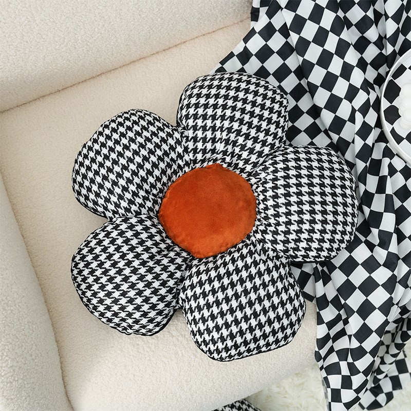 针织花朵坐垫千鸟格办公室座椅靠枕舒适透气抱枕家居沙发装饰坐垫