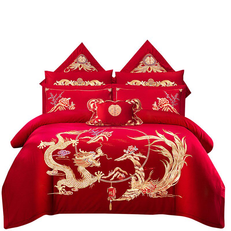 九喜狐婚庆家纺长绒棉四件套结婚床上用品红色套件刺绣龙凤纳福