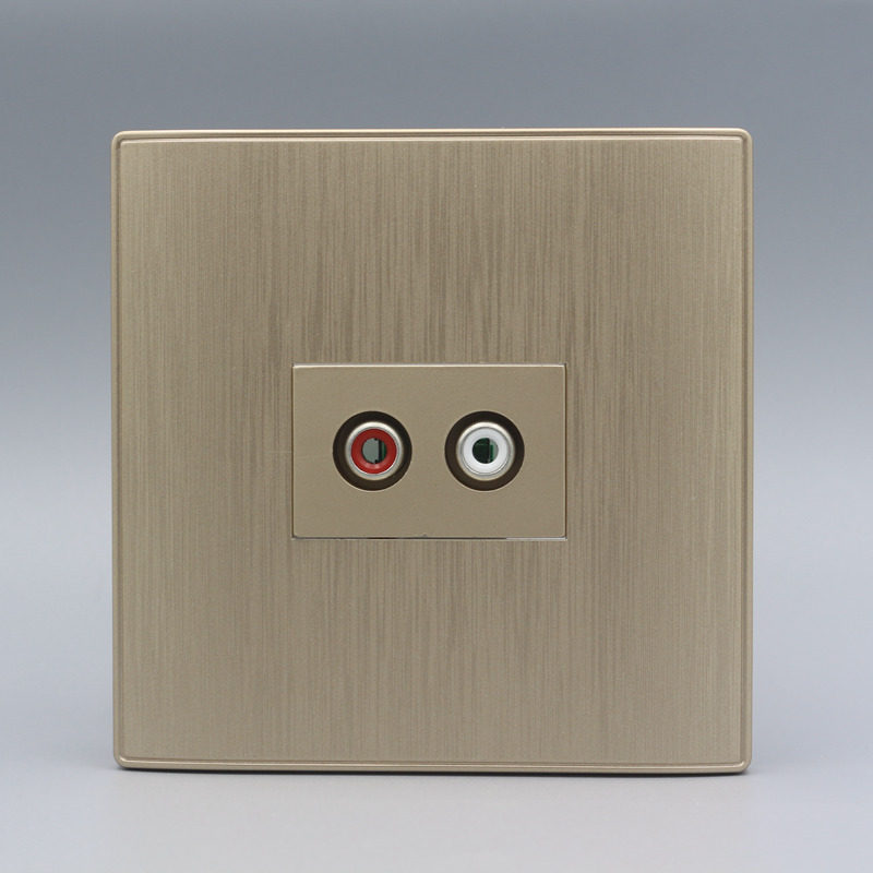 86型拉丝金多媒体音频插座免焊AV红白双莲花音频墙壁开关墙壁面板