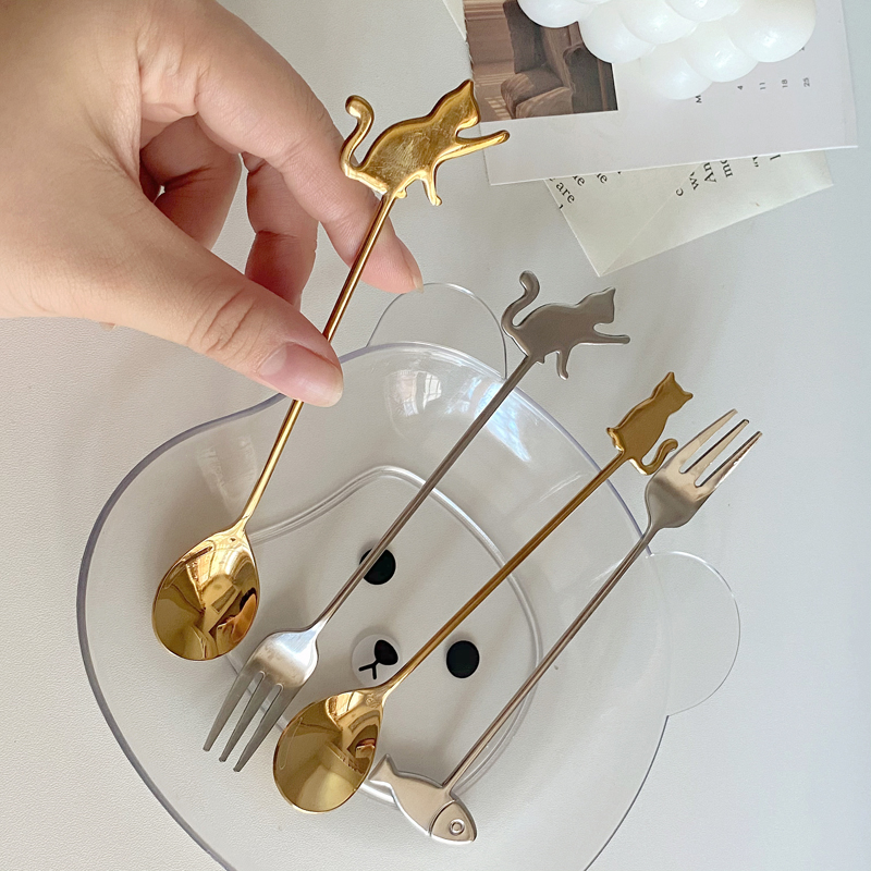 韩式风ins简约动物基础款不锈钢金色小猫勺搅拌勺小鱼叉咖啡勺子