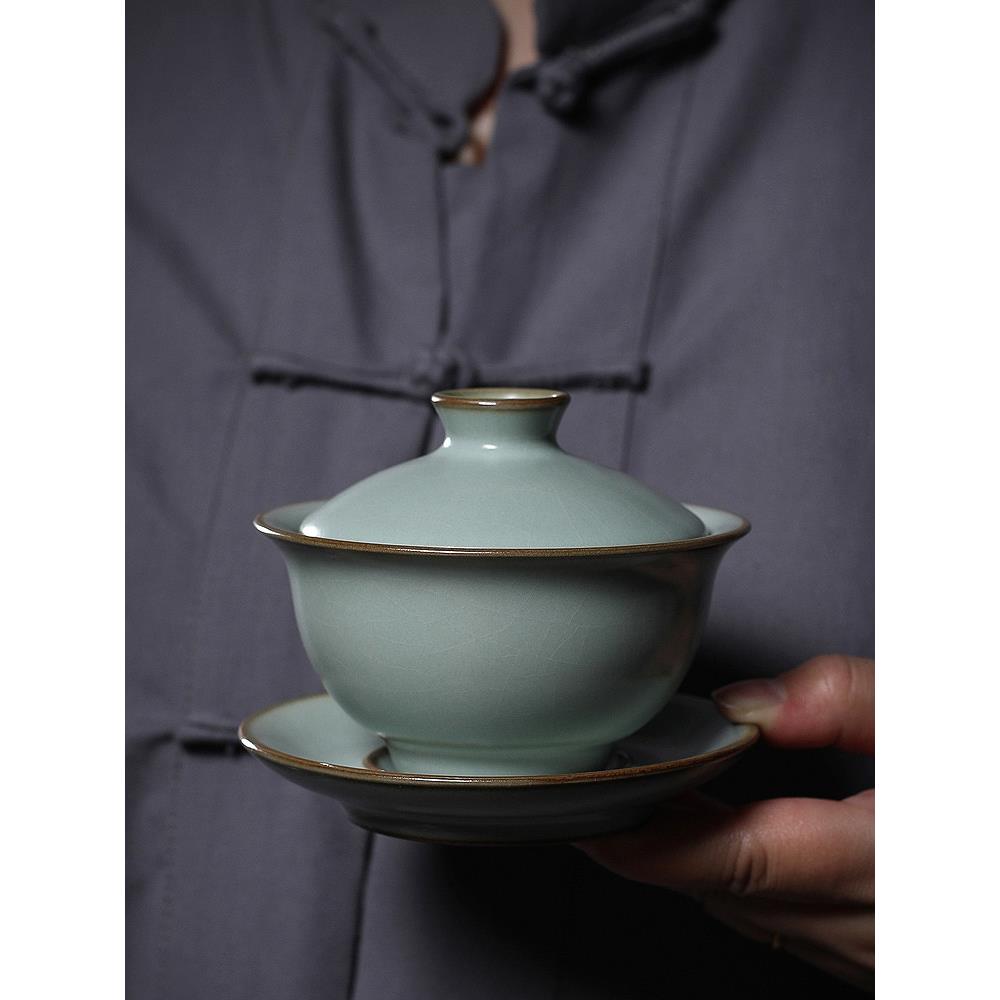 景德镇汝窑三才盖碗茶杯大号手工冰裂纹陶瓷单个不烫手泡茶功夫茶