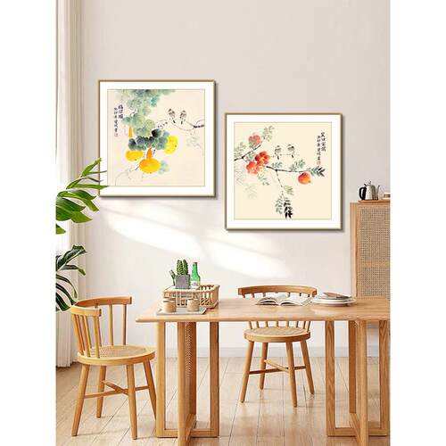 花鸟水果餐厅装饰画吃饭厅原木风挂画高档客厅厨房餐边柜墙面壁画