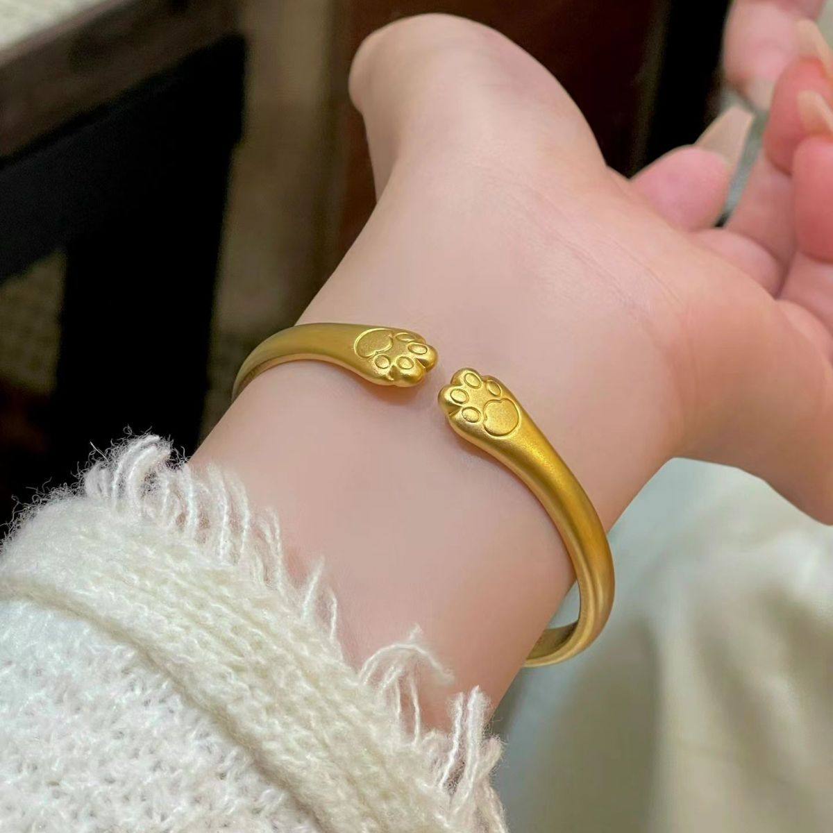 越南沙金古法开口手环小猫咪爪女珍珠镍精品猫爪手镯招财猫爪手镯