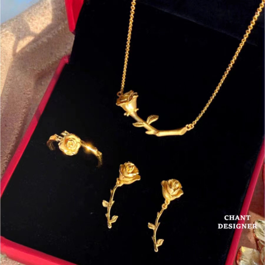 越南沙金玫瑰花耳钉戒指项链套装时尚女款气质首饰简约复古轻奢