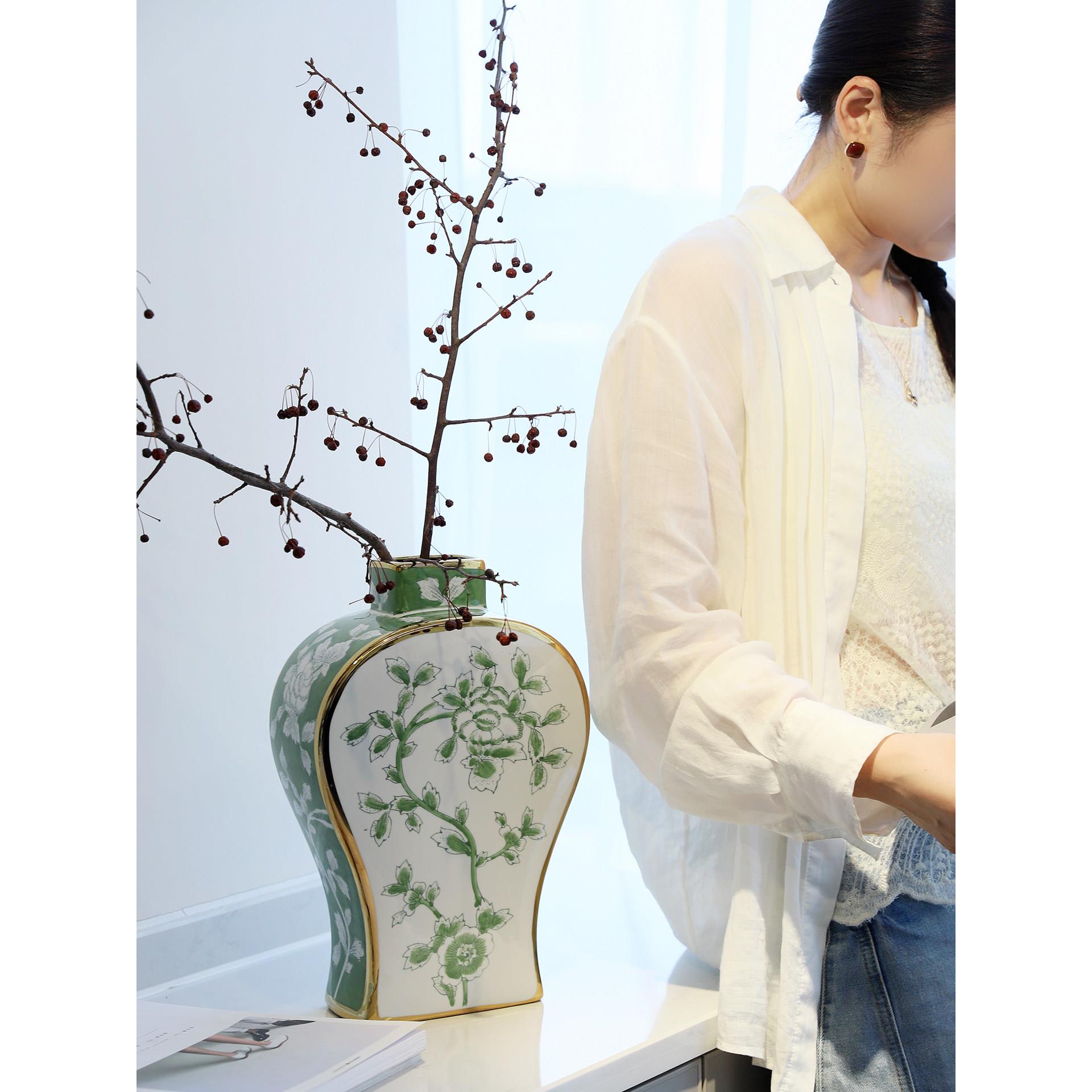 芙菡居品东方牡丹水绿窑变珍品纯手绘陶瓷花瓶家居客厅青花瓷摆件