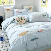 送抱枕秋冬可爱Y13100全棉磨毛加绣厚四S件套卡通小刺被套床上鱼