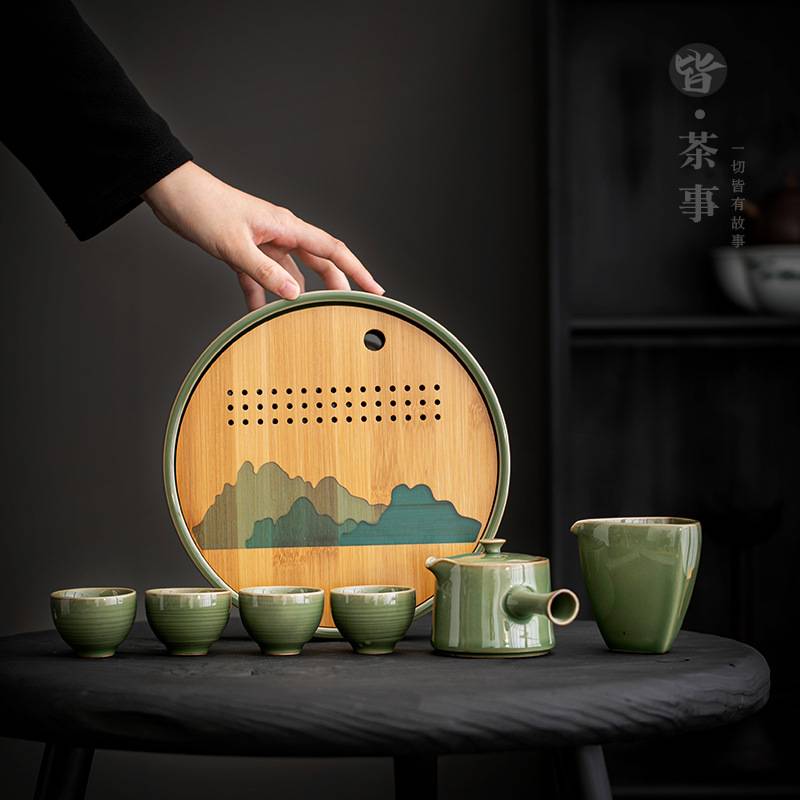 复古圆形储水茶盘家用陶瓷泡茶台创意山水茶托盘沥水盘茶具托盘