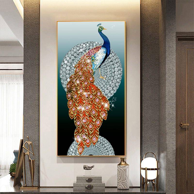 轻入关户玄装饰画走廊过道竖版挂门画正奢对352镶钻孔雀壁画晶瓷