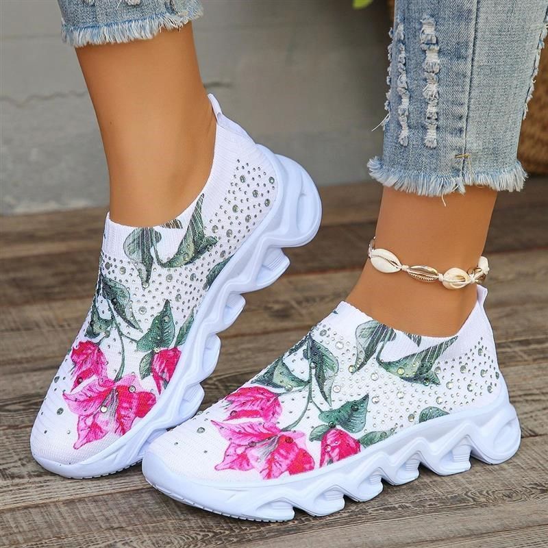 Crystal Floral Womens Knitted Sneakers Summer  New