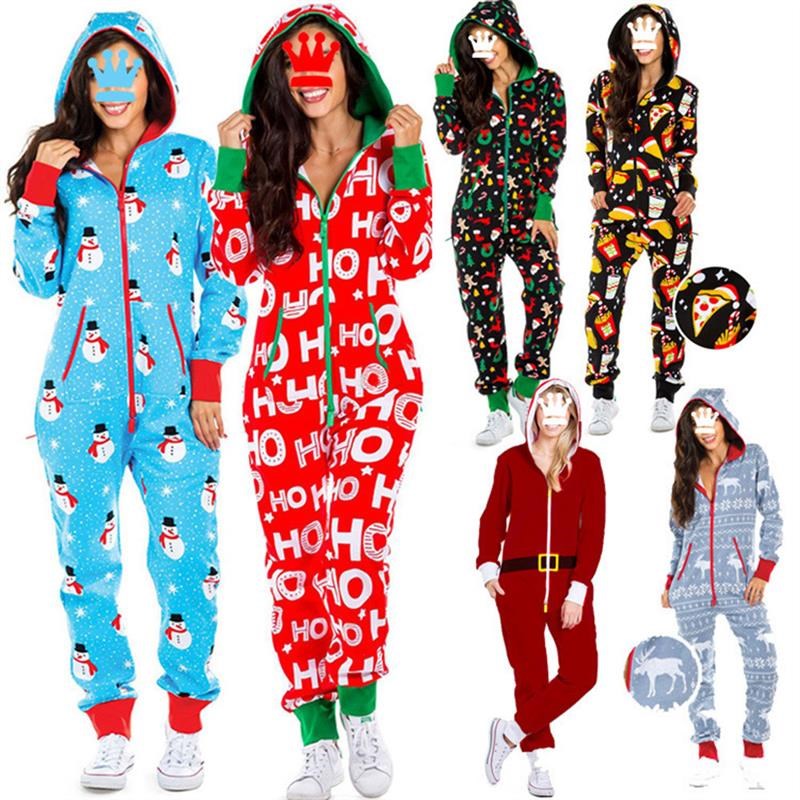 Christmas Jumpsuit Pajamas Women Winter Print Warm Long