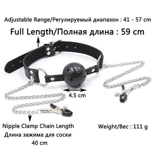 Plastic Hollow Ball Mouth Gag with Steel Nipple Clamp for Wo