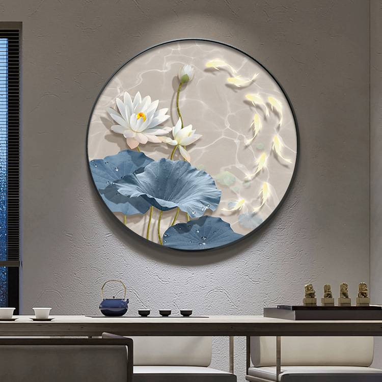 现代简约九鱼图玄关装饰画客厅入户门荷花壁灯画走廊过道圆形挂画图片