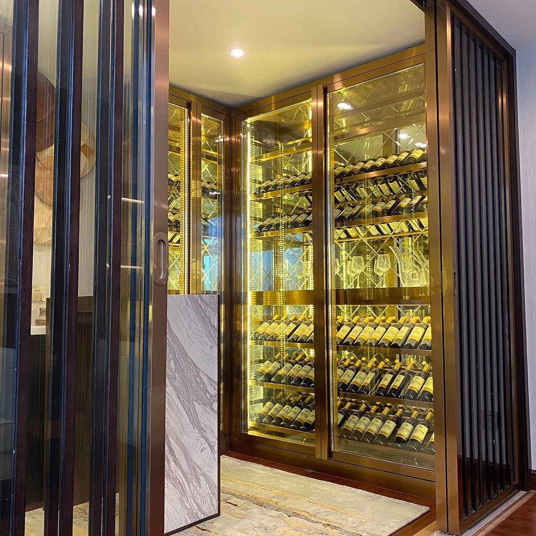 酒窖不锈恒钢酒柜转角瑰内嵌JG24-4-1高档金属展示柜酒庄温红酒玫