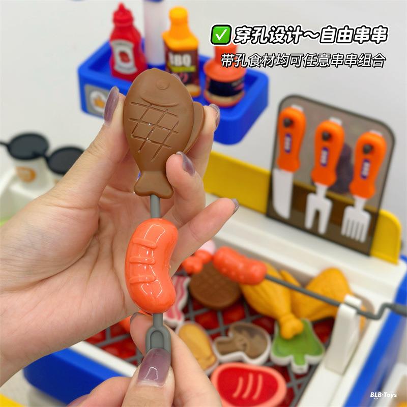 跨境儿推过家家烧烤台玩具BBQOSD童套真装厨房烤肉烤串仿食物手车