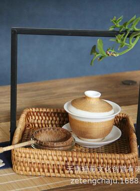 越南秋藤工编制茶具收筐纳手篮铁艺果提手收纳中DVY式复古水托盘