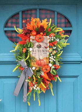 FYY跨境新款收丰收节木牌花圈环挂仿真南瓜装饰花壁丰花圈门挂