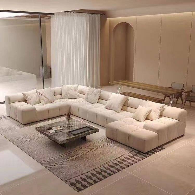 现代简约客厅大户型意式极简磨砂布艺泡芙沙发豆腐块科技布沙发木