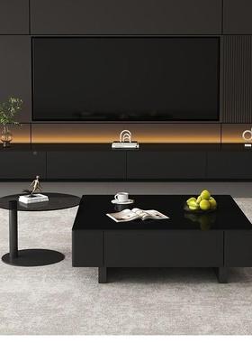 意式型茶几客岩板家用轻奢组合长方VRI形茶桌小户色简约厅黑现代