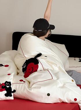 JKLA类100长绒棉黑色猫S咪绣端轻奢全棉高床上刺四件套