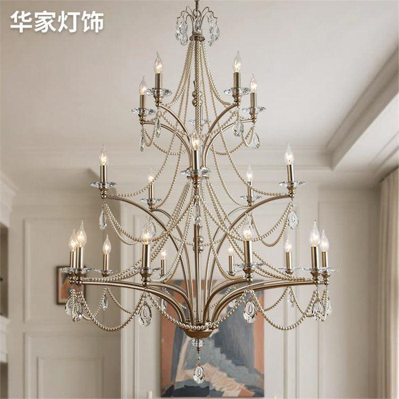 法式大吊灯复式楼美式loft别墅挑空客厅灯具双层珍珠水晶楼梯吊灯