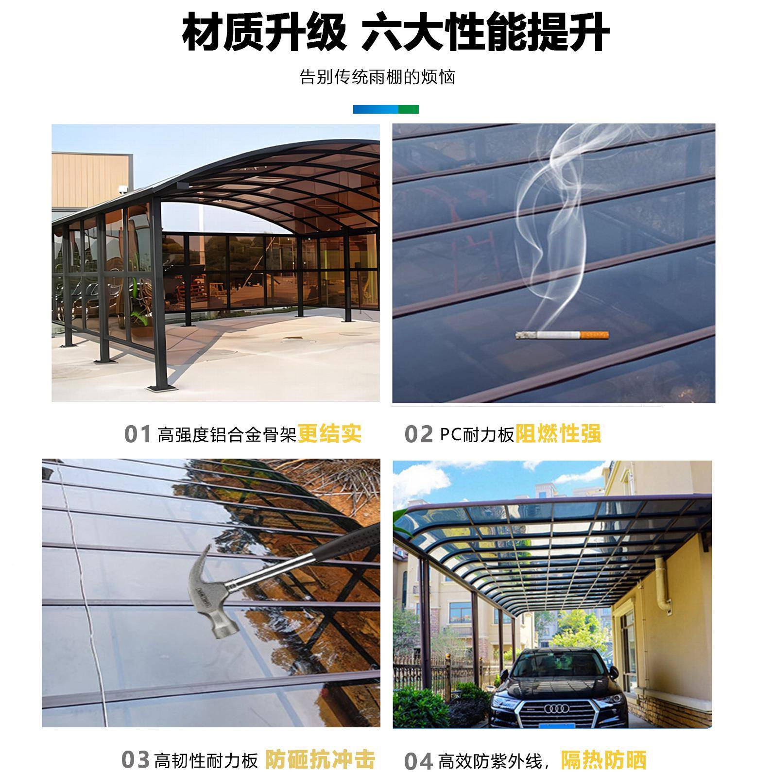 户外庭院雨棚顶板铝金合露楼台棚阳台遮阳防雨篷庭院PC咨询客服耐