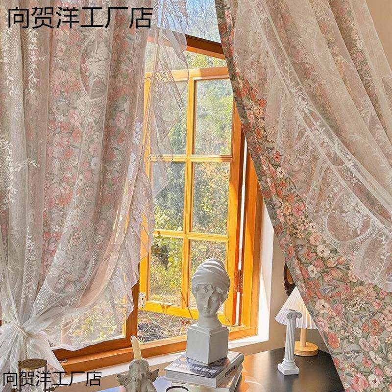 法式复古田园碎加花双层窗帘761打蕾丝纱帘卧室飘布纱美式半窗帘