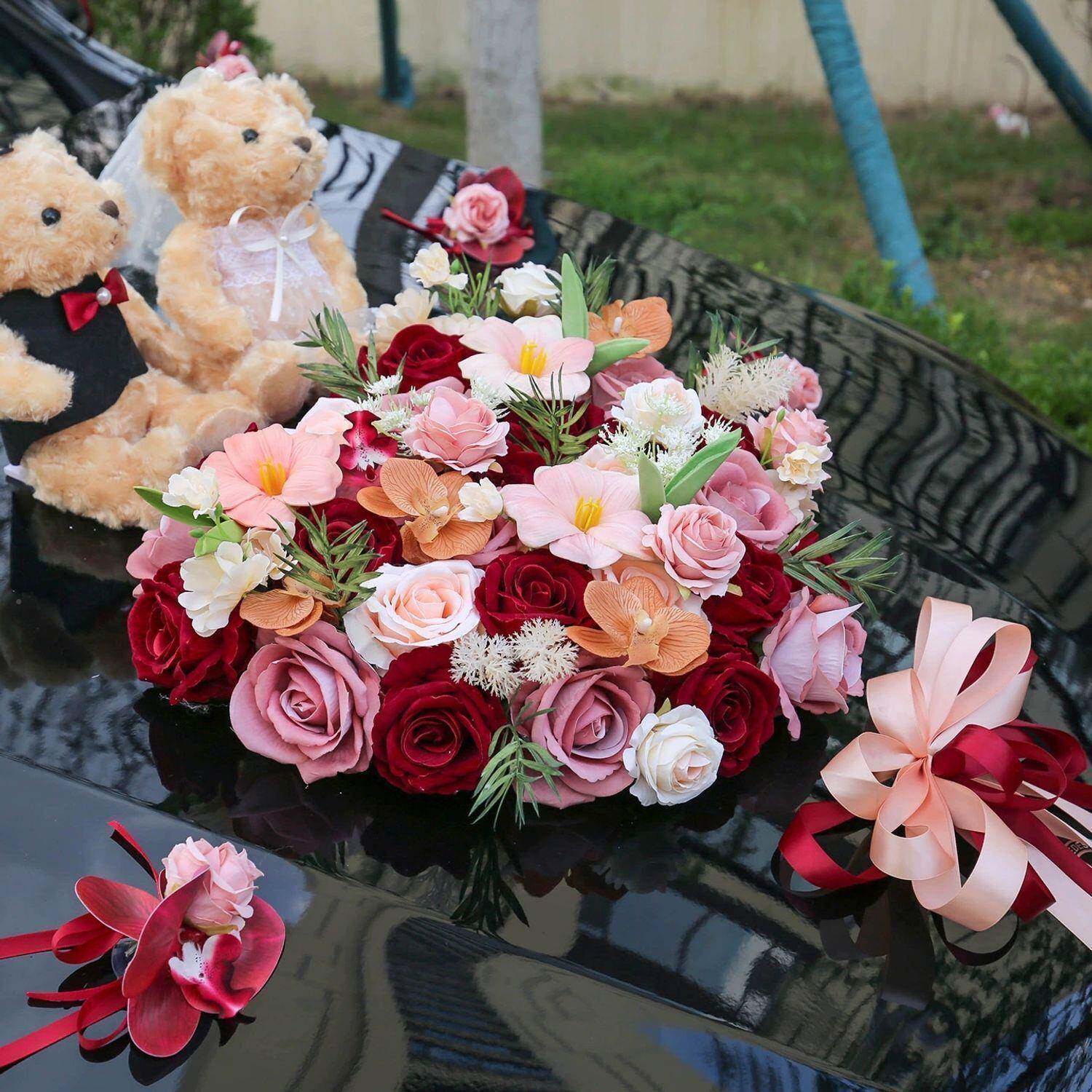 车拉花主车用品新HZ851383套婚车装饰感红色心形结装仿真头花布置