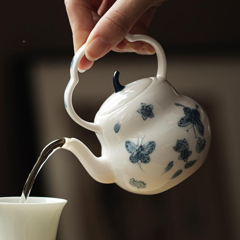 茶釉下彩白绘青花蝴蝶茶壶创意陶瓷瓷葫芦手玉泥—手泡壶单壶带过